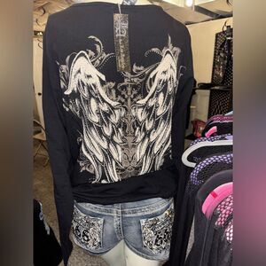 Platinum Plush Angel Wings Rhinestone Eyelet Long Sleeve Top